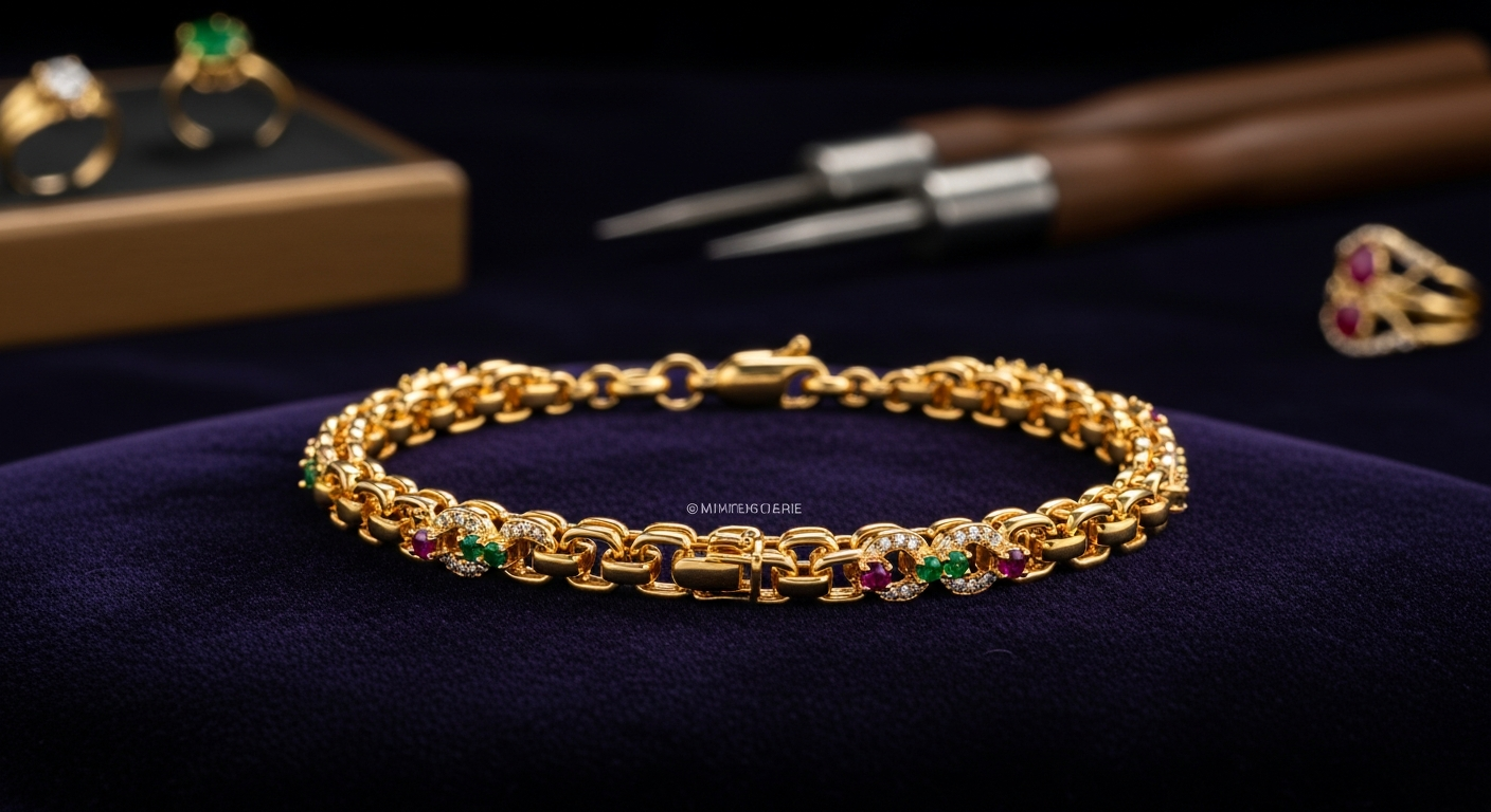 Assortiment de bijoux en or (colliers, bagues, bracelets) sur un présentoir moderne, reflétant nos collections.