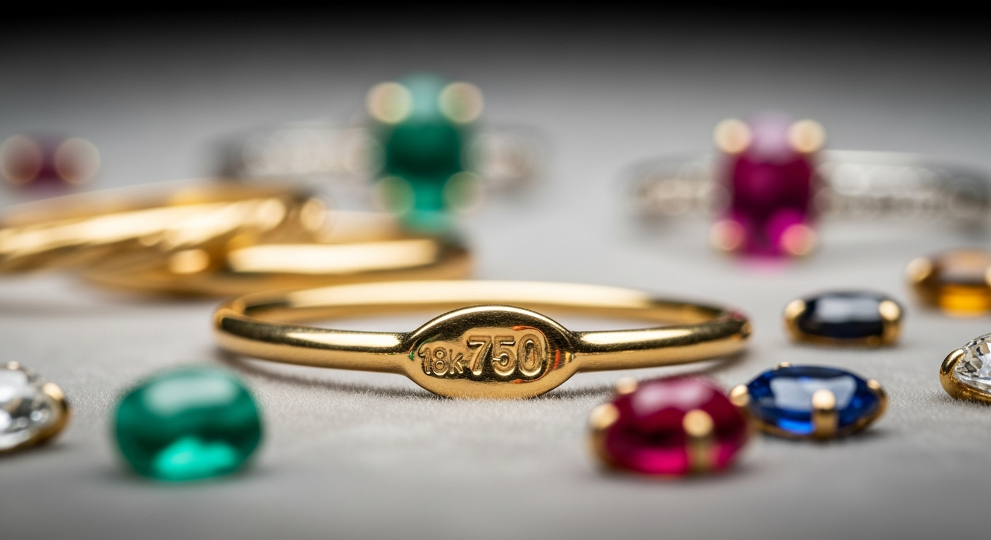 Gros plan sur le poinçon 750 (18k) d'un bijou en or, attestant de son authenticité et de sa qualité pour l'entreprise.